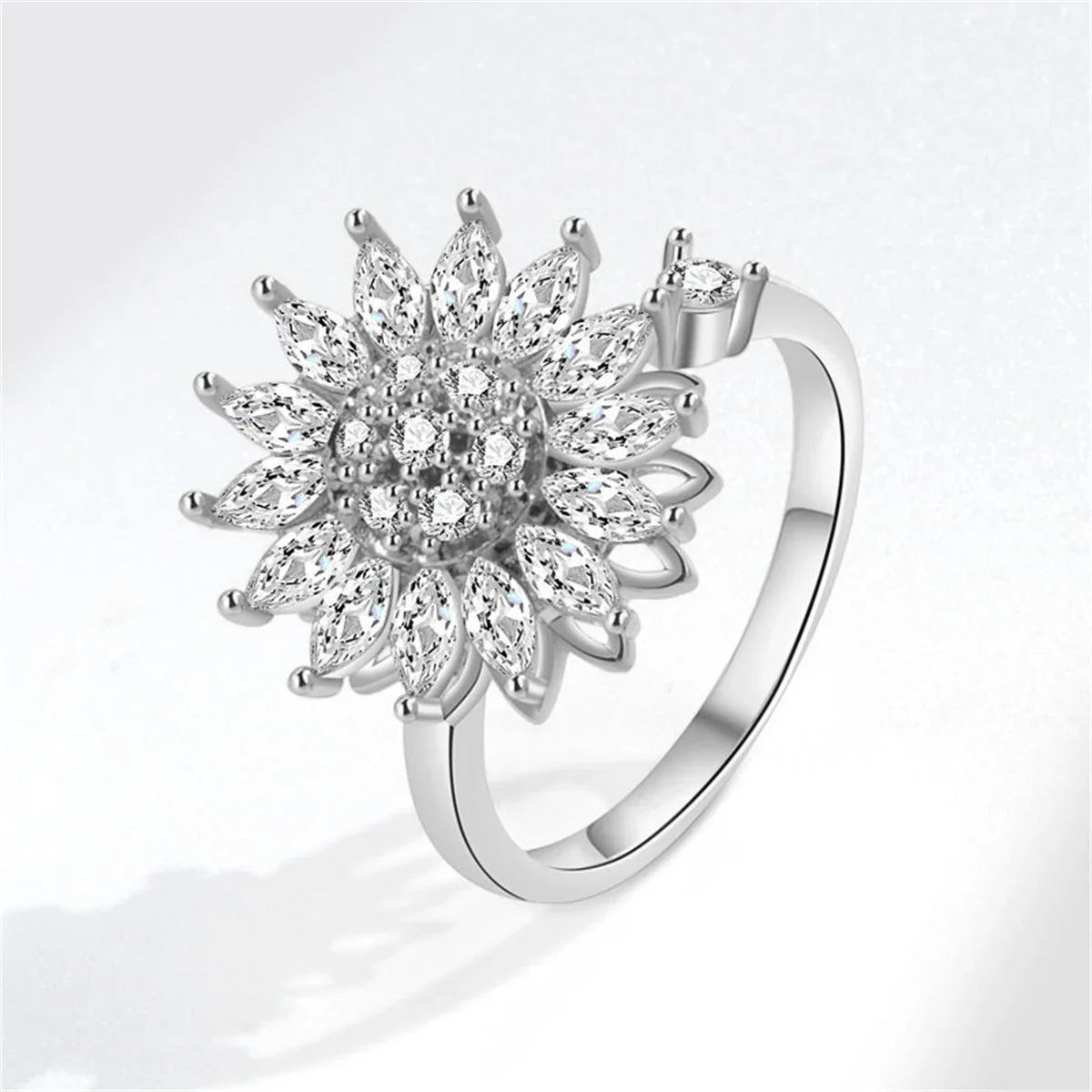 Women's Crystal Sunflower Fidget Spinner Ring – Stainless Steel Spinner Fashion Ring Qme jin resizable