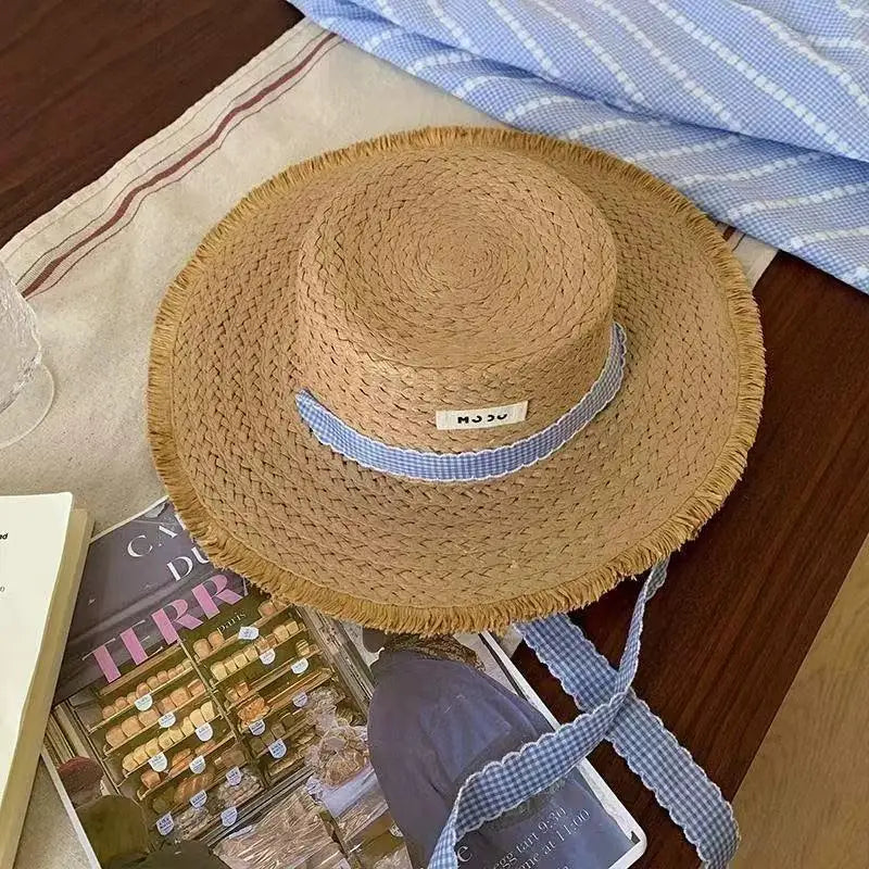 Women's Wide-Brim Straw Beach Hat – Floral Lace Bow Sun Hat Straw Sun Hat Qst B one size