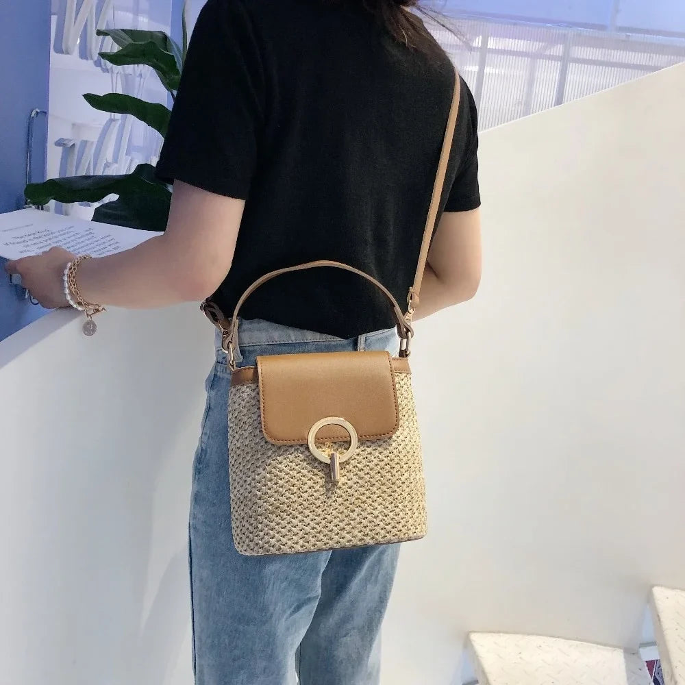 Women's Small Straw Bucket Crossbody Bag – Summer Travel Purse Crossbody Bucket Bag Qme