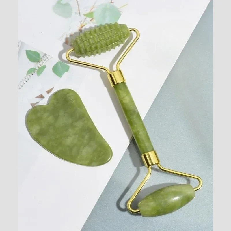 Natural Jade Roller & Gua Sha Stone Face Body Massager Jade Massage Tool Qme