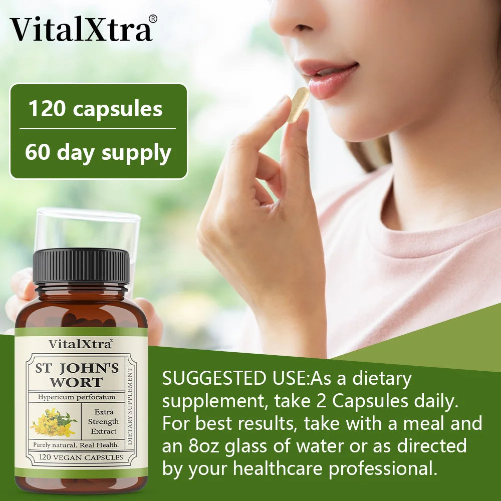 VitalXtra St. John's Wort 300mg Capsules | Hypericum Perforatum Herbal Supplement Qst