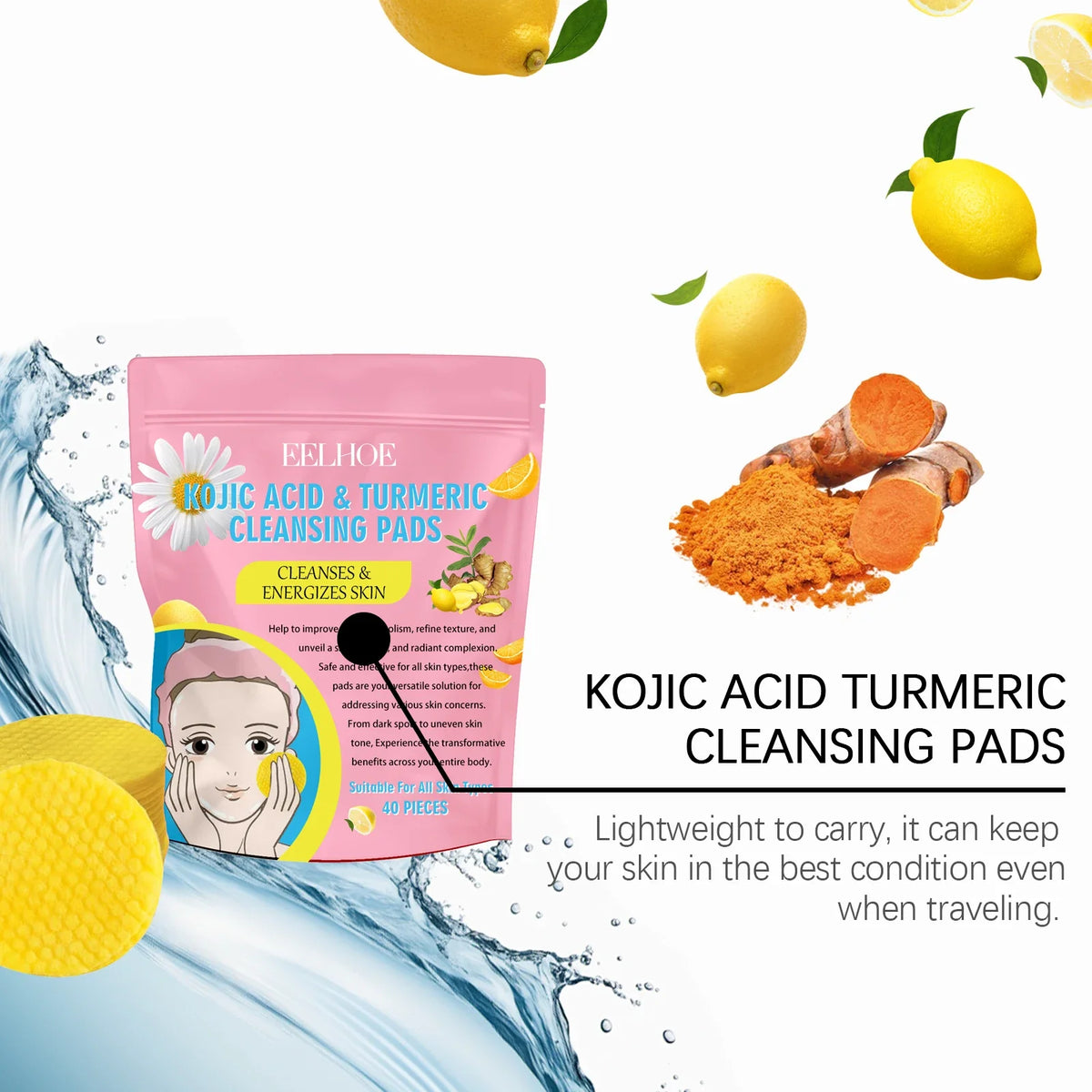 Turmeric Kojic Acid Exfoliating Cleansing Pads – 40 Pack Exfoliating Cleansing Pads Qme