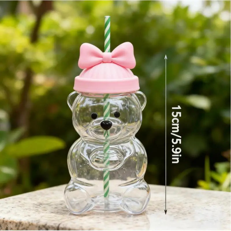 Cute Bear Shaped Plastic Cup with Straw – Cartoon Mug Novelty Drinkware Cup Qst