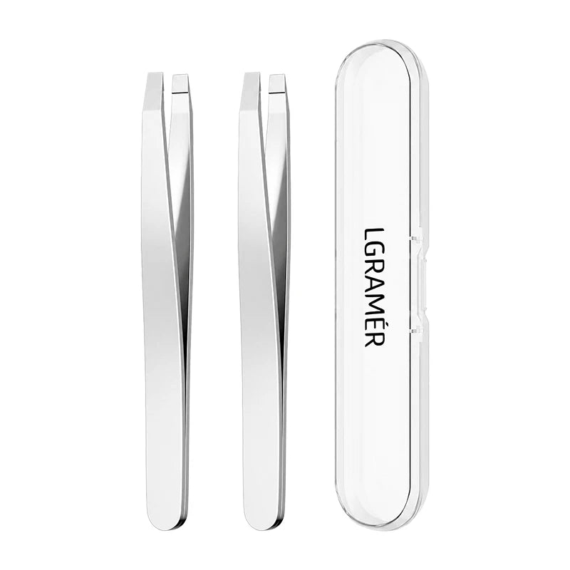 Precision Slant Eyebrow Tweezers with Travel Case – Stainless Steel Eyebrow Tweezers Qst silver-2pcs