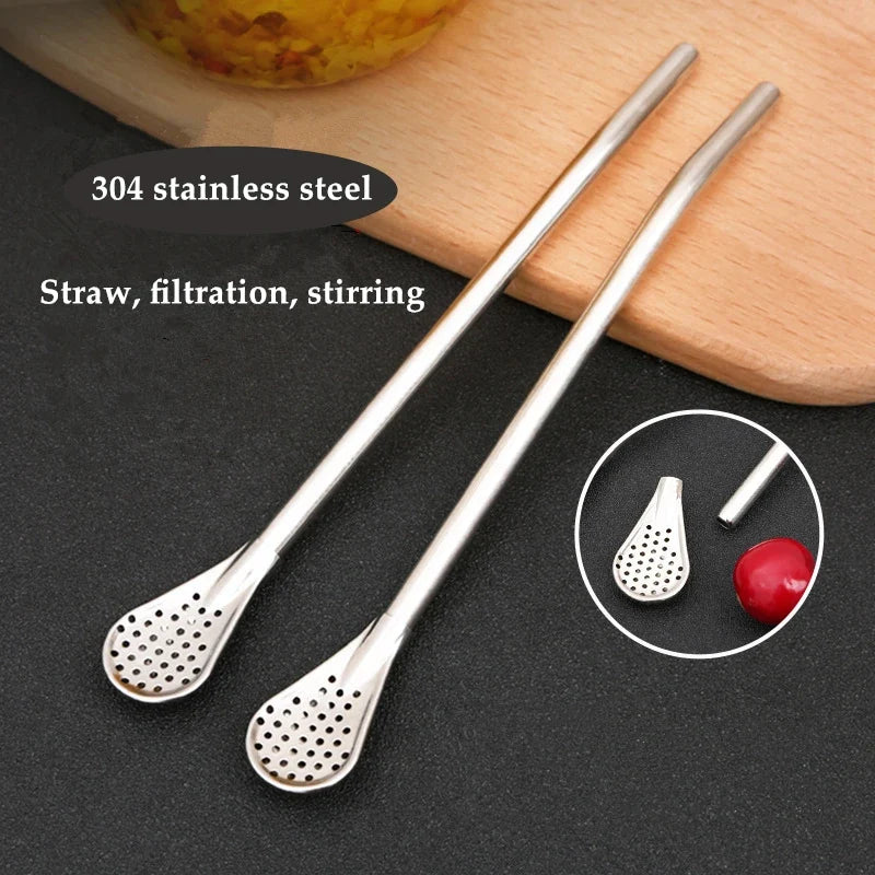 Reusable Stainless Steel Straw Spoon & Tea Filter – 3-in-1 Reusable Drinking Straw Qme