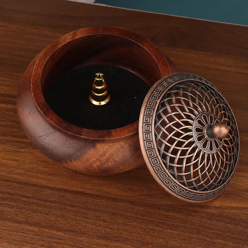 Walnut Retro Round Incense Burner – Solid Wood-Look Home Decor Incense Burner Qme