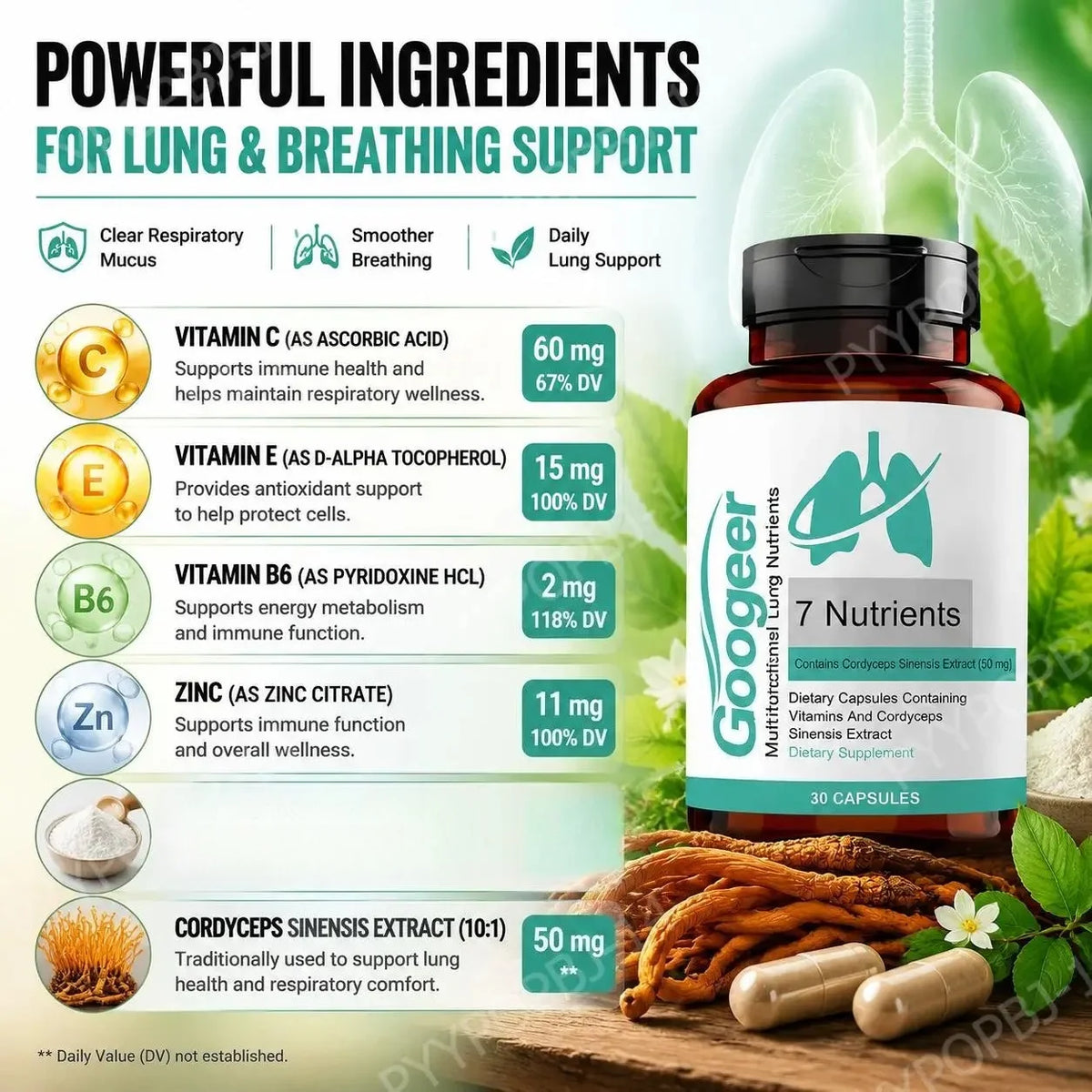 Googeer Lung Support Capsules – Cordyceps, Quercetin, Zinc, Vitamins Herbal Supplement Capsules Qst