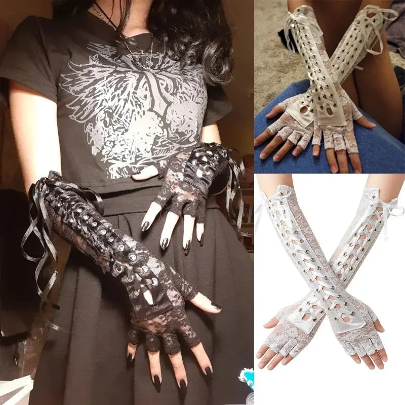 Women's Lace Elbow-Length Fingerless Gloves with Ribbon Lace Fingerless Gloves Qme