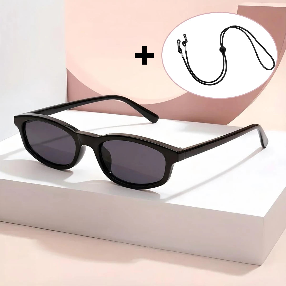 VOPHA Women's Retro Rectangle Sunglasses UV400 + Strap Fashion Sunglasses Qst Black Grey