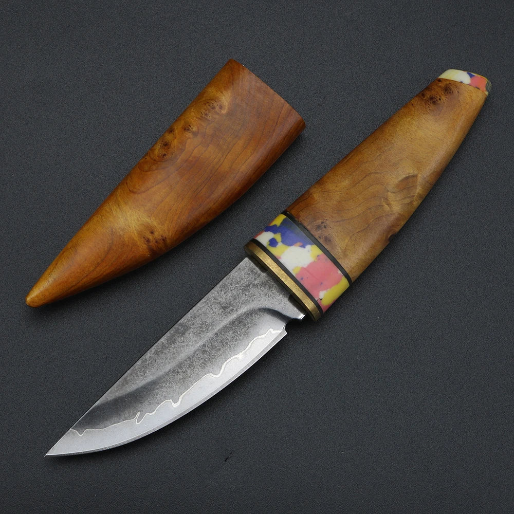 XUAN FENG SKD-11 Damascus Fixed Blade Knife – Wood Handle Fixed Blade Knife Qst 1ps