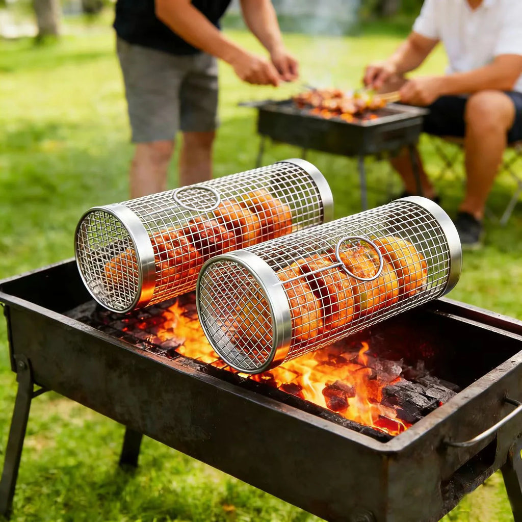 Round Stainless Steel BBQ Grill Basket – Camping & Outdoor BBQ Grill Basket Qst