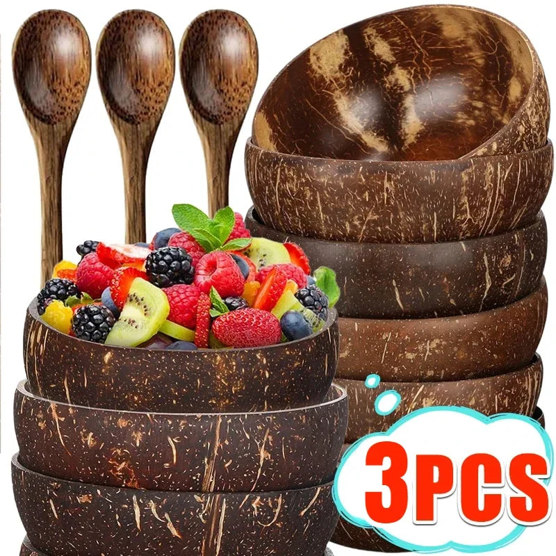 Natural Coconut Shell Bowls & Wooden Spoon Set | Eco Tableware Coconut Shell Bowl Set Qme