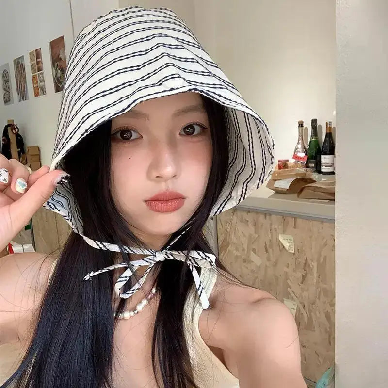 Women's Striped Bucket Hat – Wide Brim Japanese Sun Hat Women's Sun Hat Qst one size D