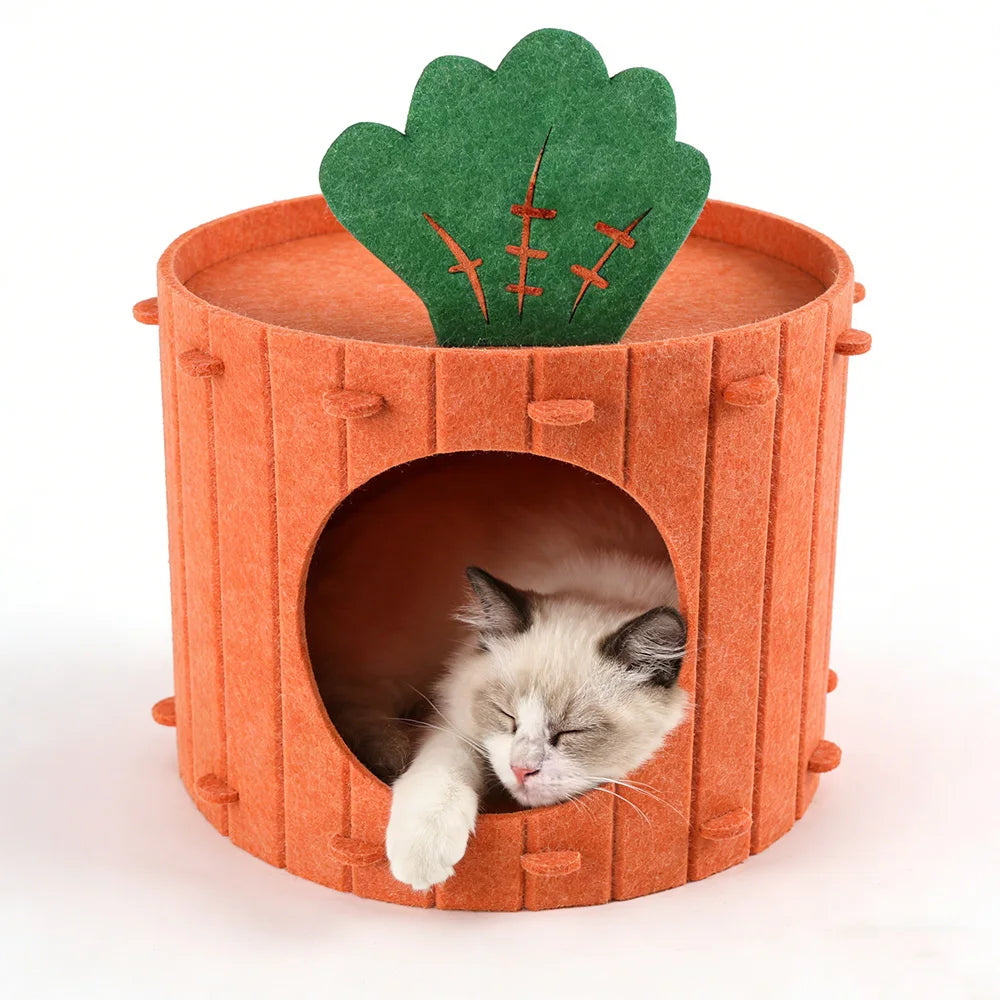 Carrot Theme Felt Cat Cave Bed – Semi-Enclosed Pet House Cat Cave Bed Qst