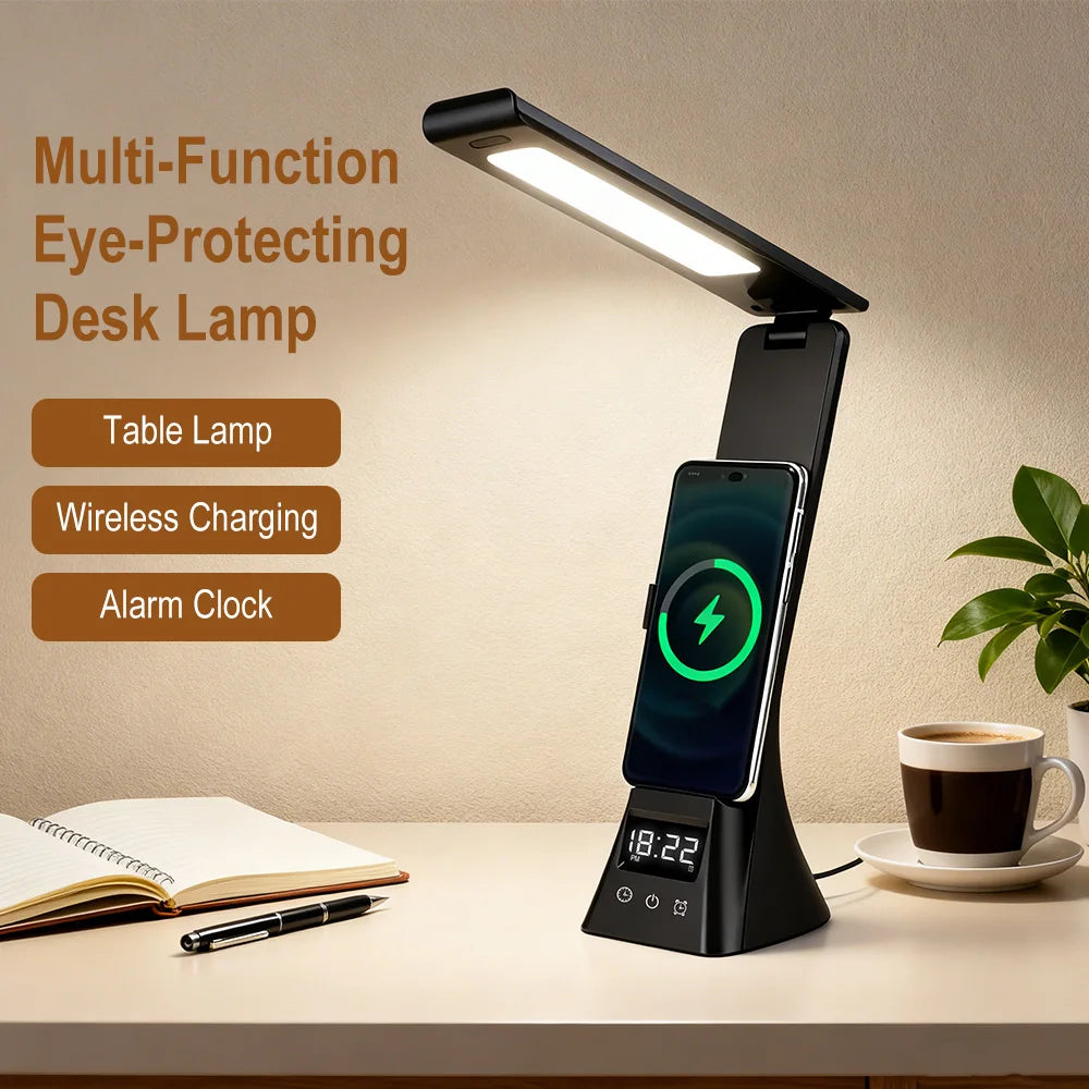 Wireless Charging LED Desk Lamp – Dimmable Clock & Alarm LED Desk Lamp Qst