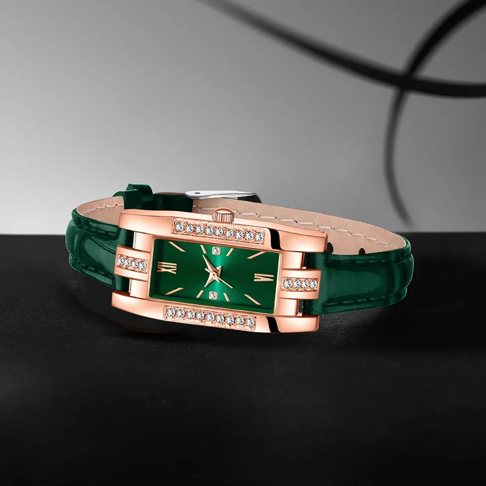 Emerald Rhinestone Jewelry Set – Watch, Necklace, Earrings, Ring Rhinestone Jewelry Set Qme