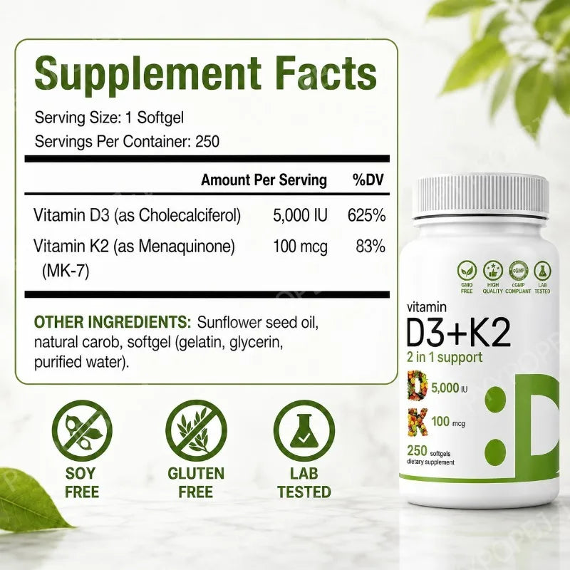 Vitamin D3+K2 Softgels 2-in-1 Non-GMO Complex – 250 Count Vitamin Supplement Qst