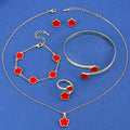 Five Leaf Flower Jewelry Set – Bracelet, Necklace, Earrings & Ring Floral Jewelry Set Qme 5PCS Red