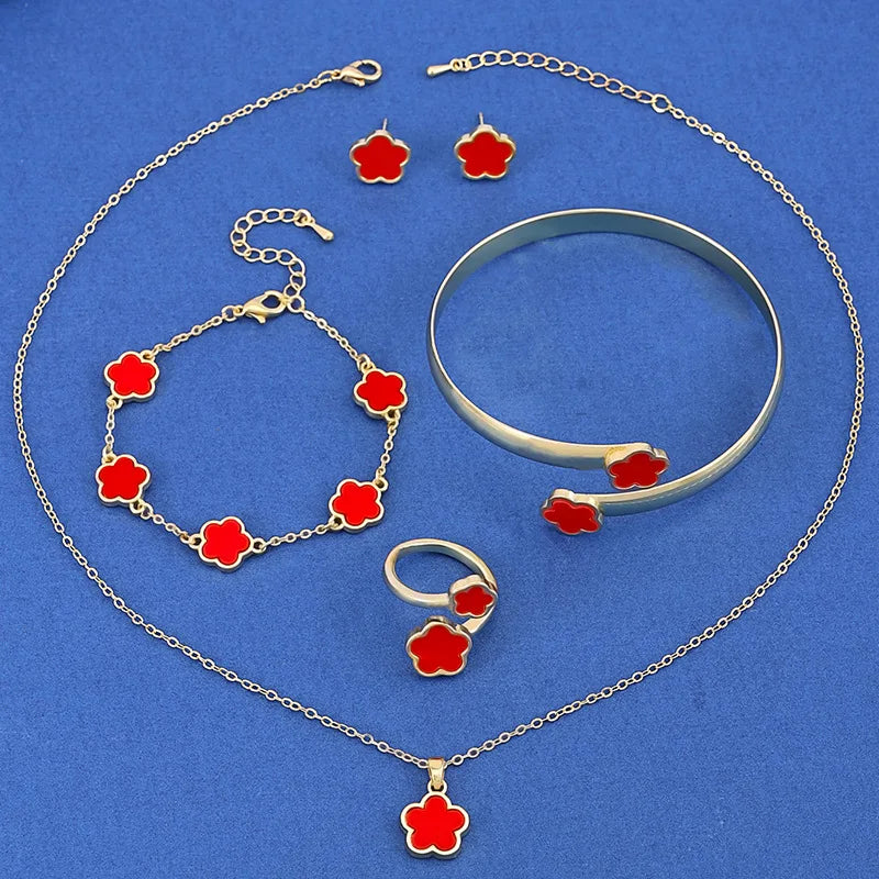 Five Leaf Flower Jewelry Set – Bracelet, Necklace, Earrings & Ring Floral Jewelry Set Qme 5PCS Red