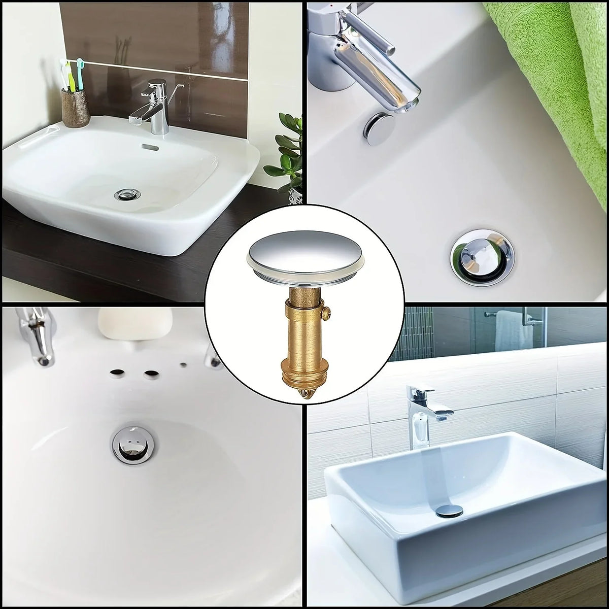 Universal Bathroom Sink Stopper – Spring-Loaded Brass Drain Plug Bathroom Drain Stopper Qme