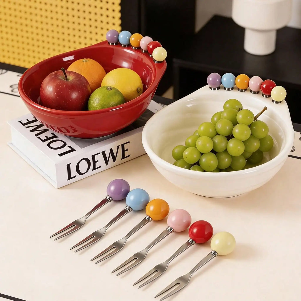 Large Stainless Steel Fruit Bowl Set with 6 Forks | Platter Fruit Bowl Set Qme