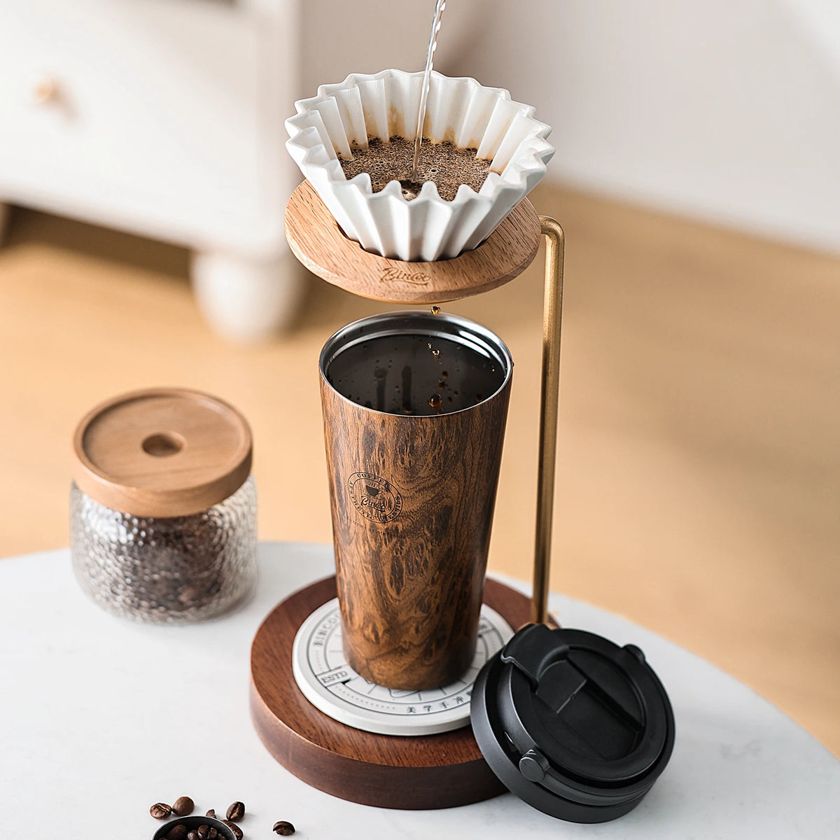 Bincoo 500ml Retro Woodgrain Travel Mug – Insulated Thermos Travel Mug Thermos Qst