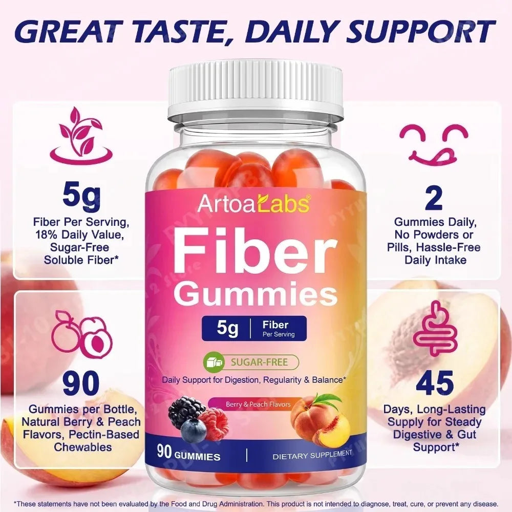 Sugar-Free Fiber Gummies 5g Dietary Fiber Berry Peach Vegan 90ct Fiber Supplement Gummies Qst