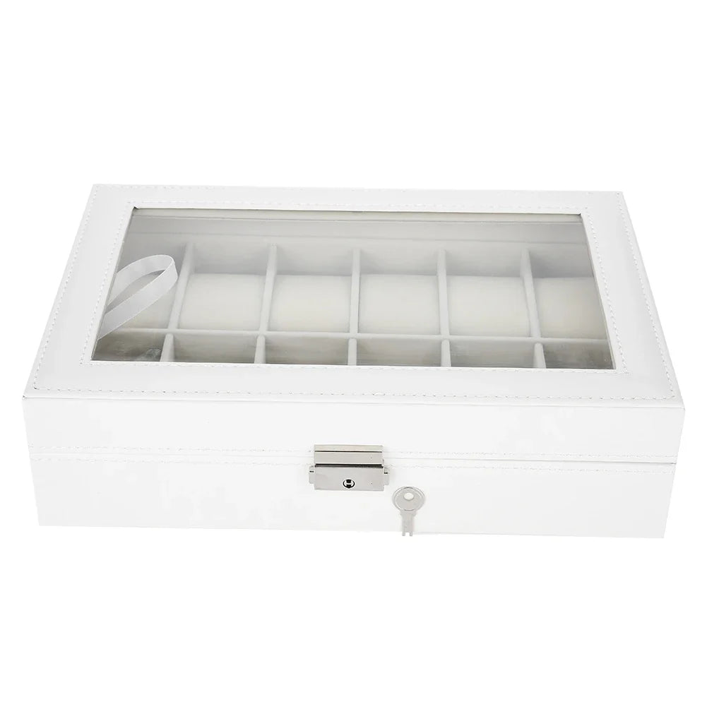 12-Grid PU Leather Watch Display Case & Jewelry Organizer Box Watch Display Case Qme white