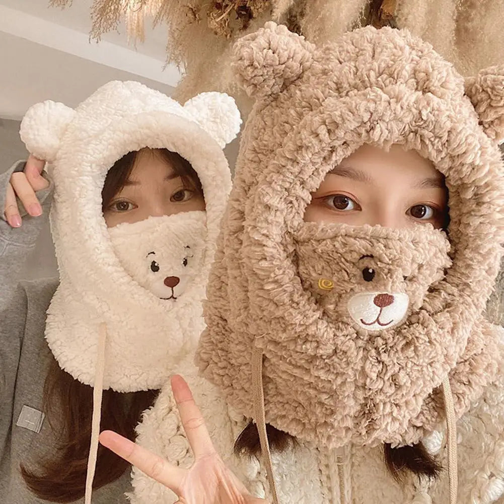 Women's Bear Plush Hat Scarf Mask 3-in-1 Winter Set Winter Hat Scarf Set Qme