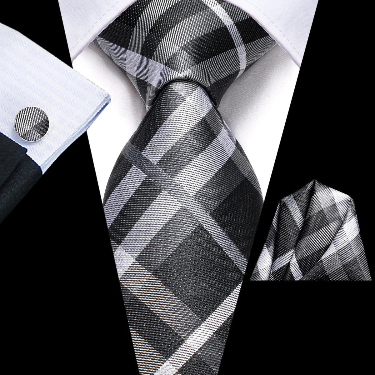 Hi-Tie Extra Long Black Dots Tie Handkerchief Cufflinks Set Tie & Cufflinks Set Qme 4033-3456