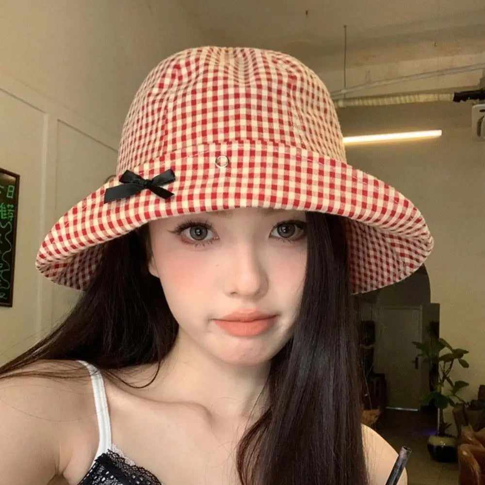 Black Bowknot Plaid Bucket Hat | Gingham Wide Brim Bucket Hat Qme