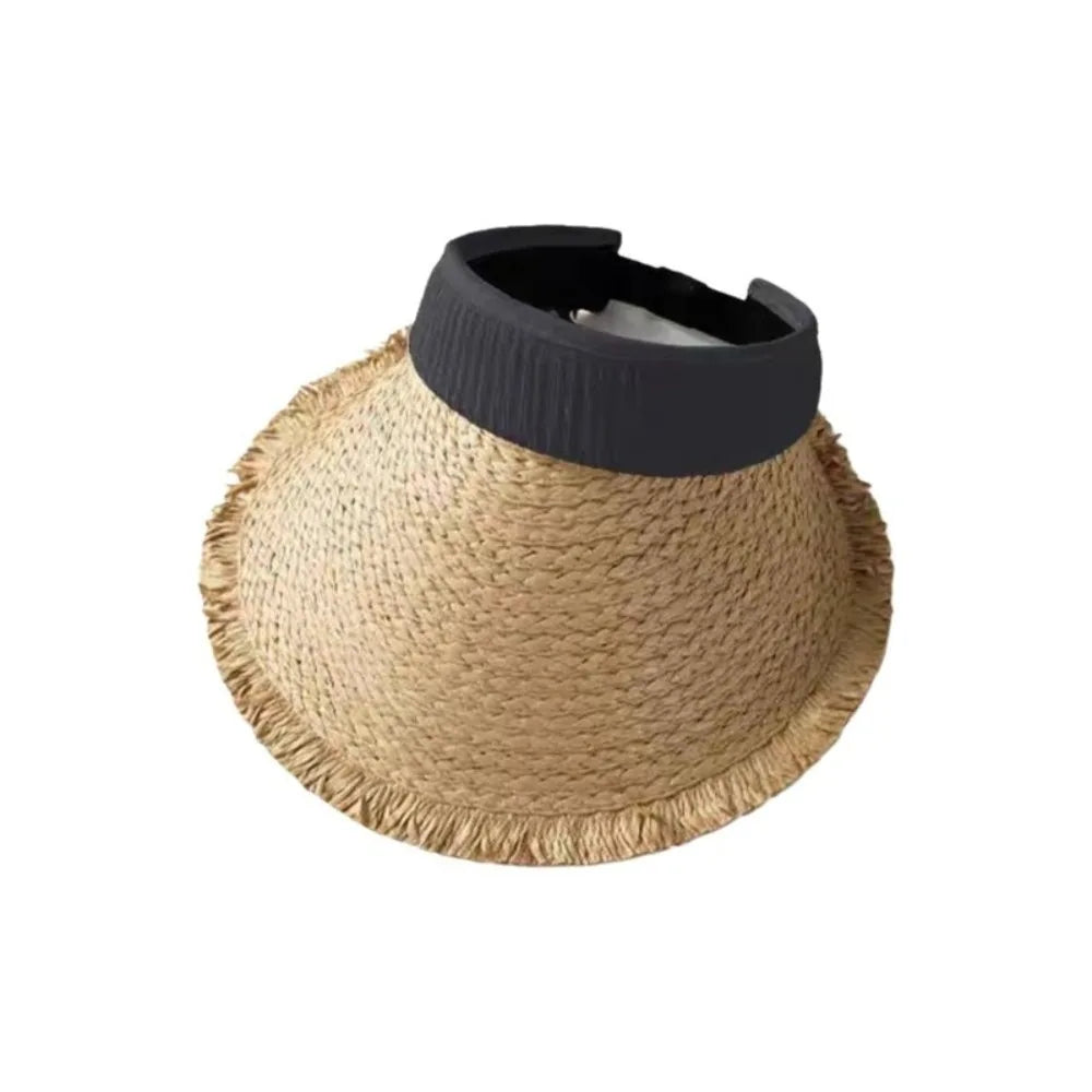 Woven Straw Visor Cap – Hollow Sun Hat for Big Heads Straw Visor Hat Qme Grey