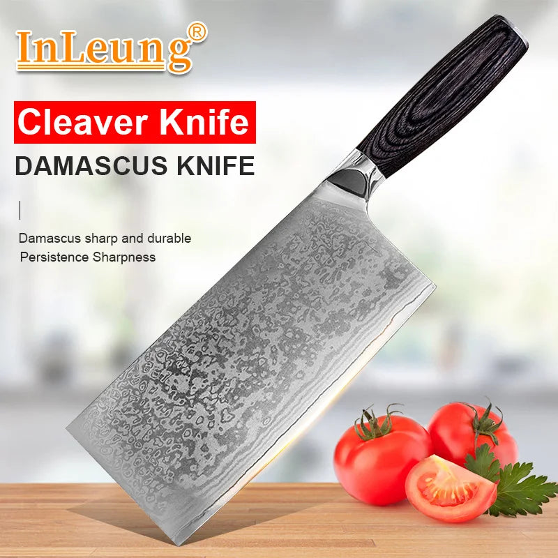 InLeung Damascus Chinese Cleaver – Sharp Utility Kitchen Knife Damascus Kitchen Knife Qst