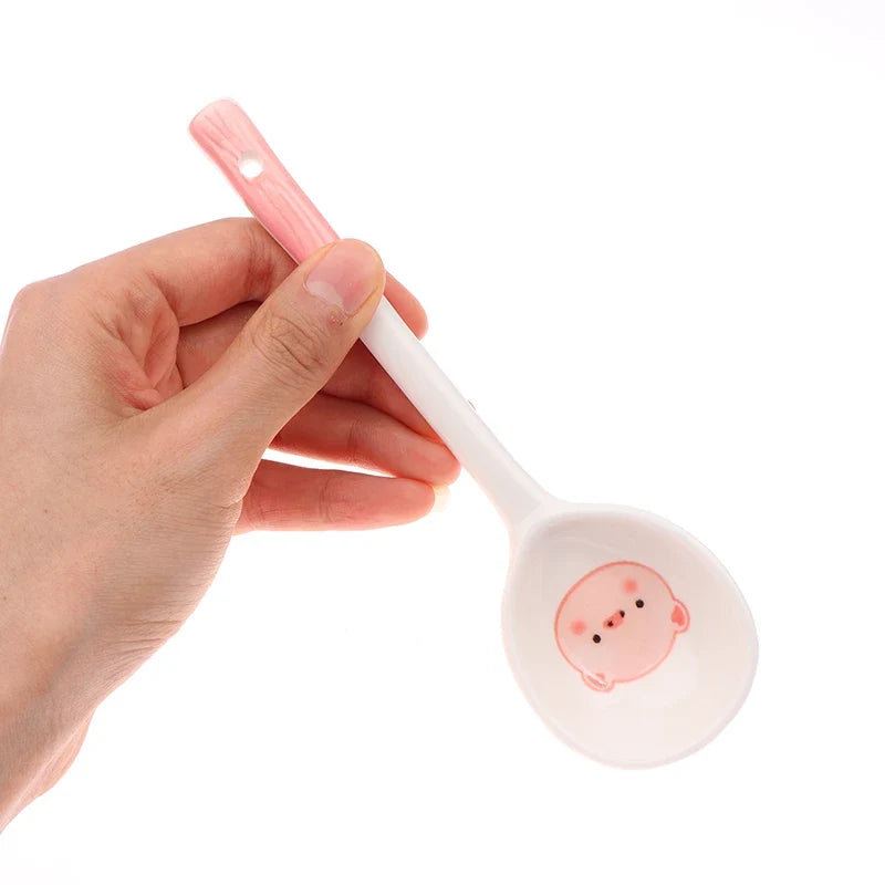Kawaii Pig Ceramic Spoon | Hand-Painted Cute Soup & Dessert Ceramic Dessert Spoon Qme