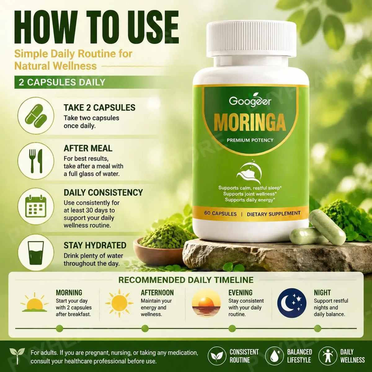 Moringa Leaf Extract Capsules 800mg 8:1 Formula – 60 Count Herbal Supplement Qst