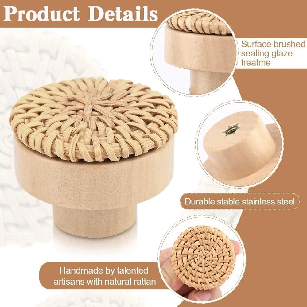 Rattan Wood Round Drawer Pulls – Handmade Cabinet Knobs 2 Pack Cabinet Drawer Pulls Qme