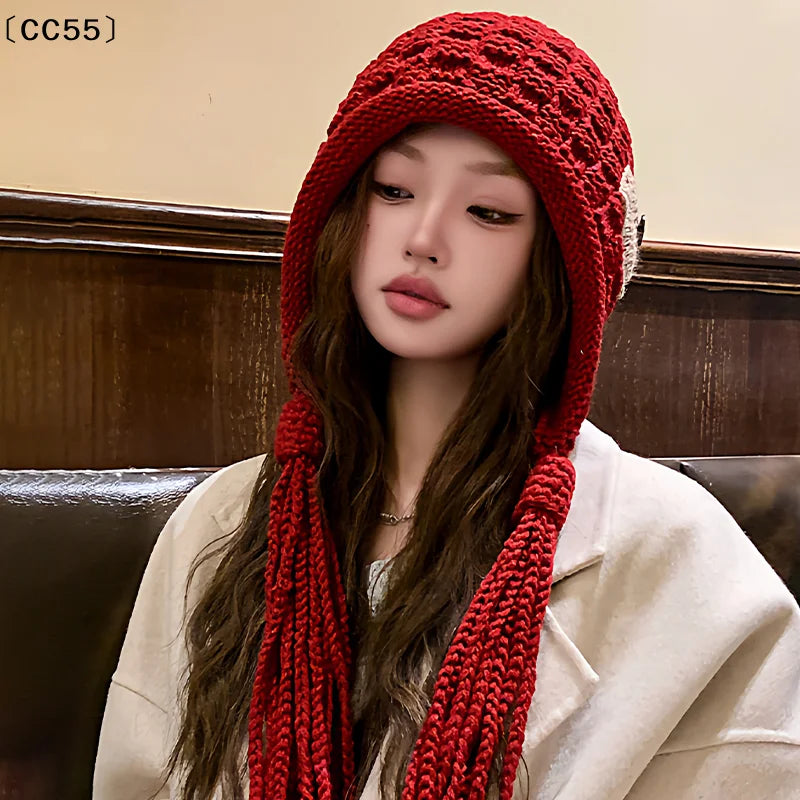 Women's Handmade Braided Knit Tassel Hat – Winter Beanie Knit Winter Hat Qst