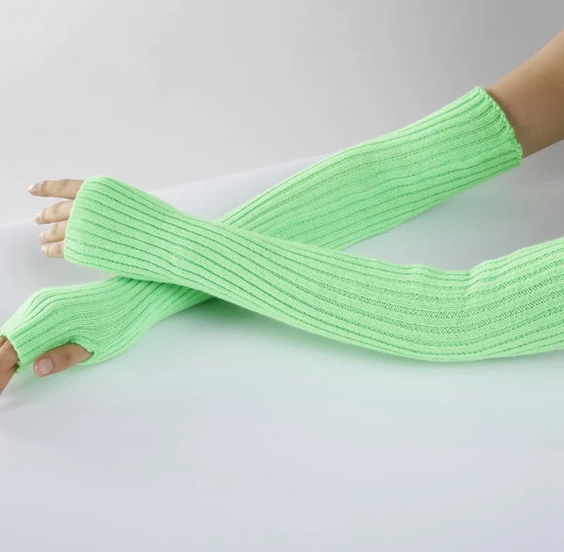 Women Long Fingerless Gloves Lolita Kawaii Knit Arm Warmers Fingerless Arm Warmers Qme light green length-52cm