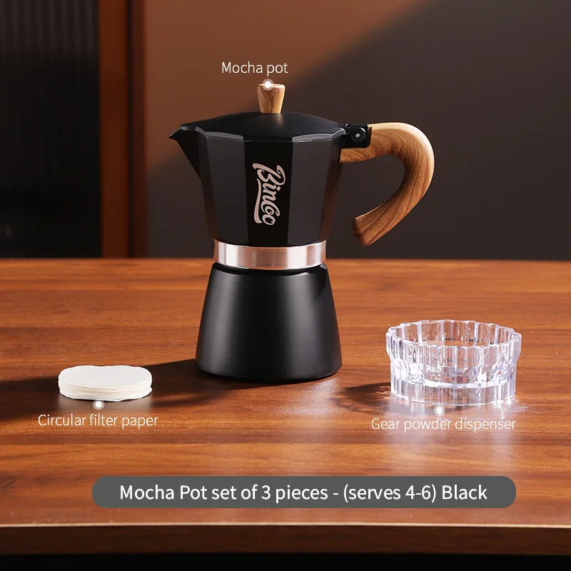 Bincoo Premium Moka Pot & Espresso Machine Set for Home Espresso Brewing Set Qst Black 6-cup 3pcs A