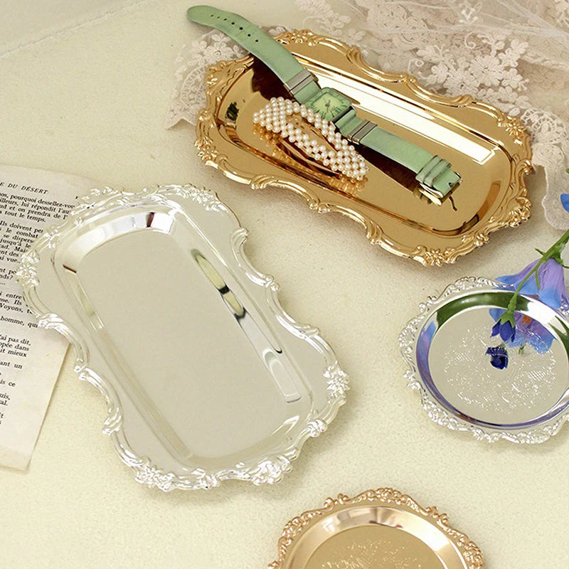 Vintage Embossed Metal Serving Tray – Dessert & Jewelry Organizer Decorative Serving Tray Qst