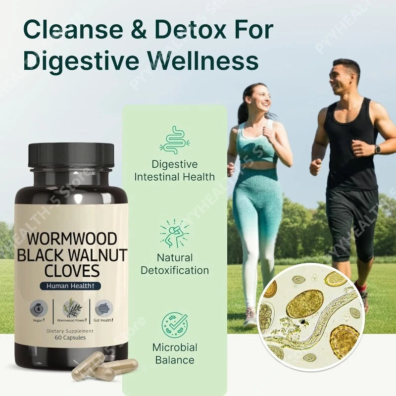 Wormwood Black Walnut Clove Capsules – 60 Vegan Gut Support Herbal Supplement Qst