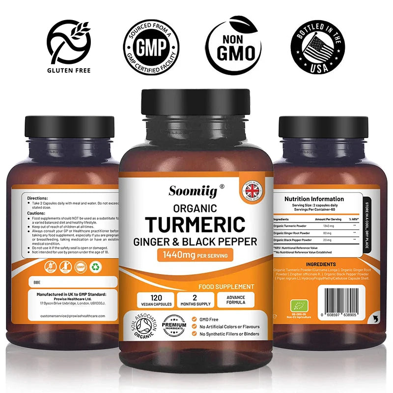 Organic Turmeric Ginger & Black Pepper Capsules | 95% Curcumin Herbal Supplement Capsules Qst