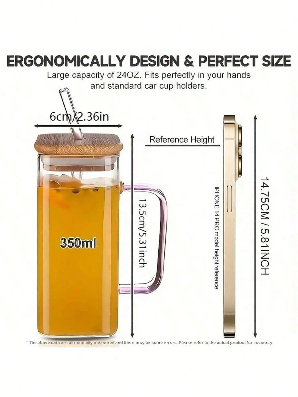 Bamboo Lid Square Glass Cup with Straw & Handle | Iced Coffee Glass Tumbler Qme