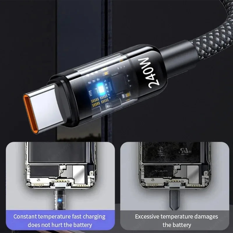 240W USB-C 10A Nylon Braided Fast Charging Cable – Transparent USB-C Charging Cable Qme