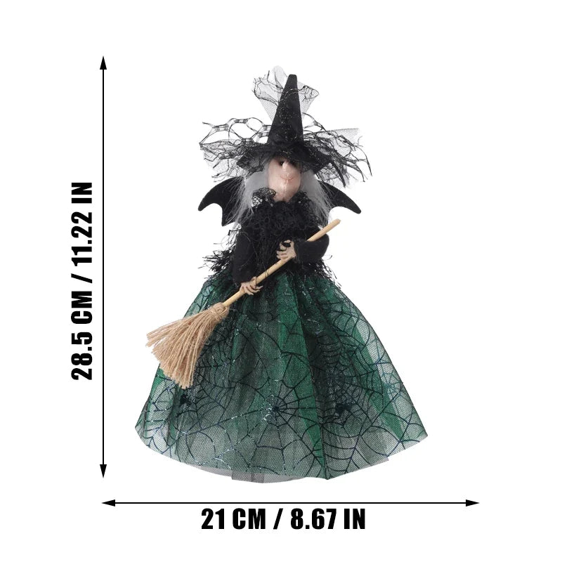 Halloween Witch Doll Ornament – Broom, Spider Web & Sequin Dress Halloween Ornament Qme