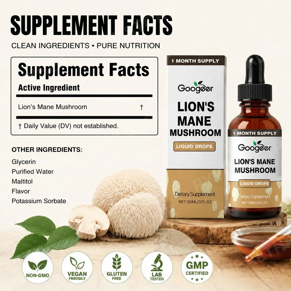Lion's Mane Mushroom Liquid Drops 30ml – Vegan Non-GMO Extract Herbal Supplement Drops Qst