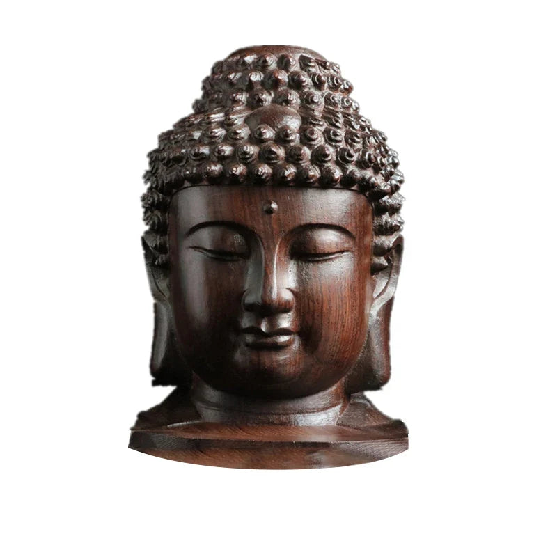 Wooden Buddha Head Figurine – Sakyamuni Tathagata Statue Decorative Figurine Qme