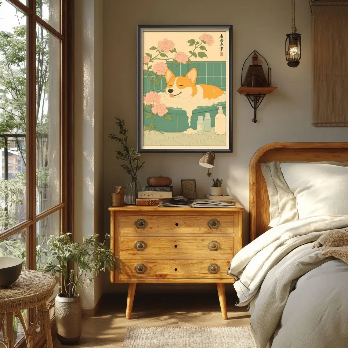 Ukiyo-e Corgi Bath Time Canvas Wall Art – Japanese Style Print Canvas Wall Art Qst