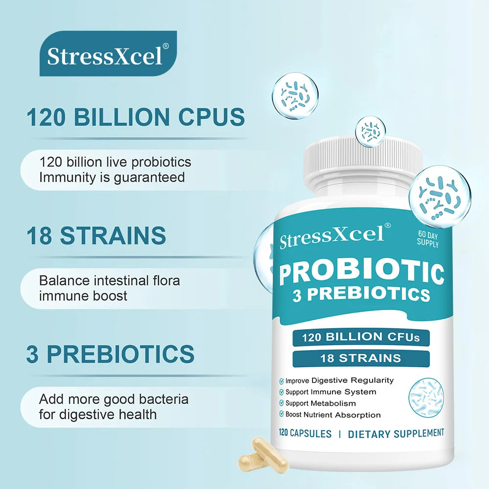 STRESSXCEL Probiotics & Prebiotics Capsules | Gut & Immune Support Probiotic Supplement Qst