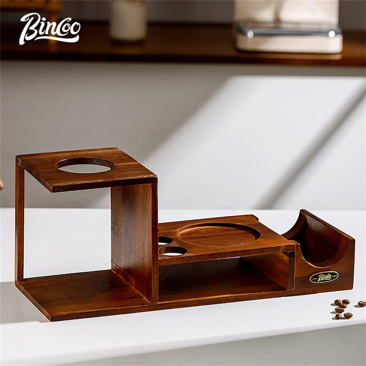 Bincoo Coffee Hand Grinder Storage Rack – 4-Piece Wood Set Coffee Organizer Rack Qst